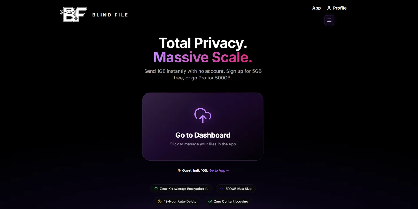 The BlindFile home page: the headline Total Privacy, Massive Scale above a drop-to-encrypt upload panel